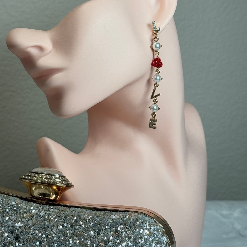 🔥 ❤️ Gold and Red Heart Pearl Earrings - Picture 7 of 7